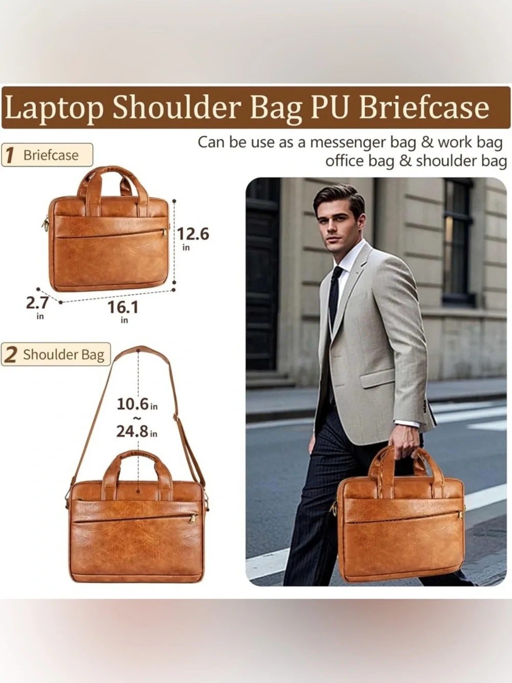 Men's Tan PU Leather Briefcase Laptop Bag